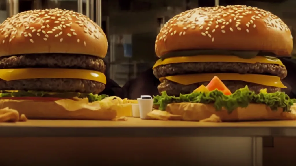 Image similar to the strange creature eats a cheeseburger at the fast food place, film still from the professional commercial directed by denis villeneuve and david cronenberg with art direction by salvador dali and zdzisław beksinski, wide lens