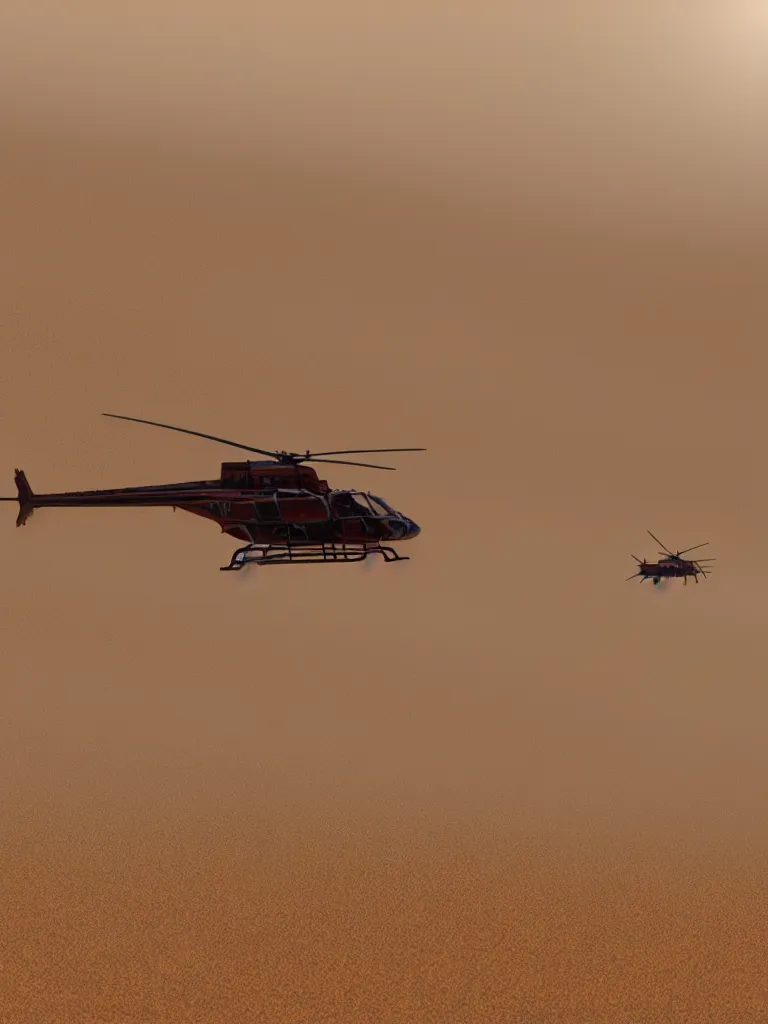 Image similar to close up! photo of helicopter flying over a sand hills covered in dust, desert environment, extremely detailed matte painting by jeremy geddes, featured on cg society, video art, reimagined by industrial light and magic, anamorphic lens flare, # vfxfriday