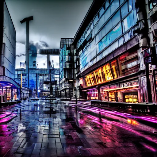 Prompt: cyberpunk photo of leeds city centre