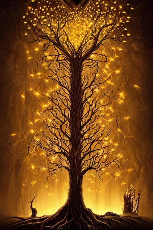 Image similar to a beautiful digital illustration painting of a detailed gothic fantasy fireflies and roots, fantasy tree with heart carved into the bark by giorgio de chirico, and david rios ferreira. 8 k resolution trending on artstation concept art digital illustration