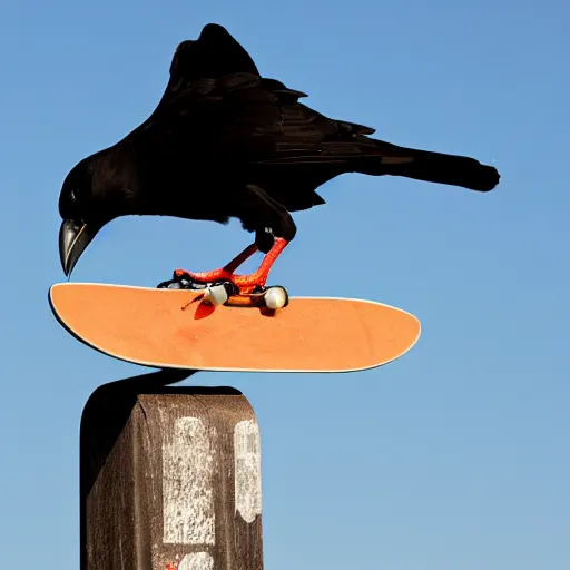 Image similar to a photo of a crow riding a skateboard