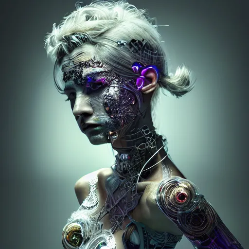 Prompt: the portrait of an absurdly beautiful, graceful, sophisticated, fashionable cyberpunk gravure idol, an ultrafine hyperdetailed illustration by kim jung gi, irakli nadar, matt wisniewski, tribal makeup, intricate linework, iridescent wiring, porcelain skin, unreal engine 5 highly rendered, global illumination, radiant light, detailed and intricate environment