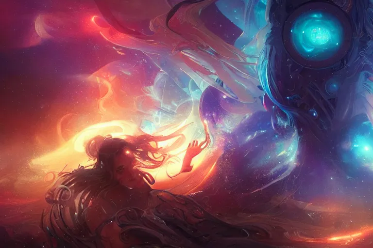 Prompt: faint ghostly people in a nebula of sound, arcs of fiery neon light, swirling mystical particles and musical notes floating, beautiful, intricate, highly detailed concept art by artgerm and greg rutkowski and android jones