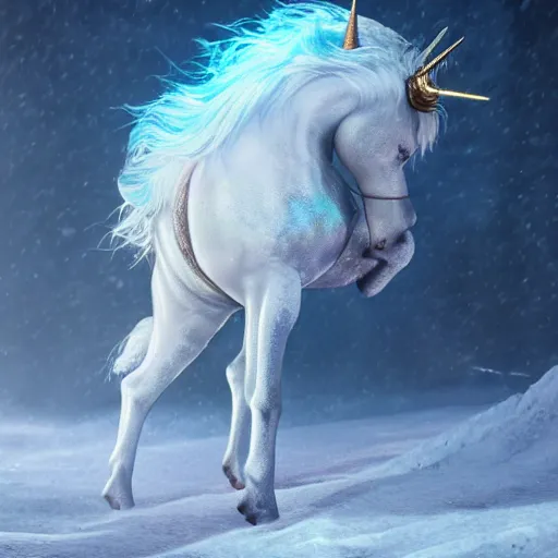 Prompt: a iridescent unicorn licking its wounded leg the snow, trail of blood follows behind it, glowing toxic smog in the sky, ultra realistic, concept art, intricate details, highly detailed, photorealistic, octane render, 8 k, style of mary jackson