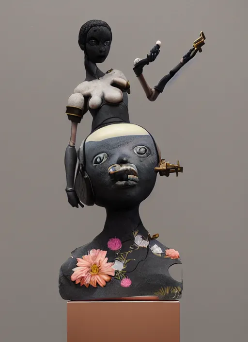 Image similar to a surreal contemporary ceramic sculpture of on a plinth, by victo ngai, by hikari shimoda, by tracie grimwood, in the style of nier automata, plain black background