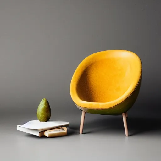 Image similar to an avacado chair, an armchair that looks like an avacado with green leather and seed yolk, award winning design, studio lighting, advanced photography, beautifully lit