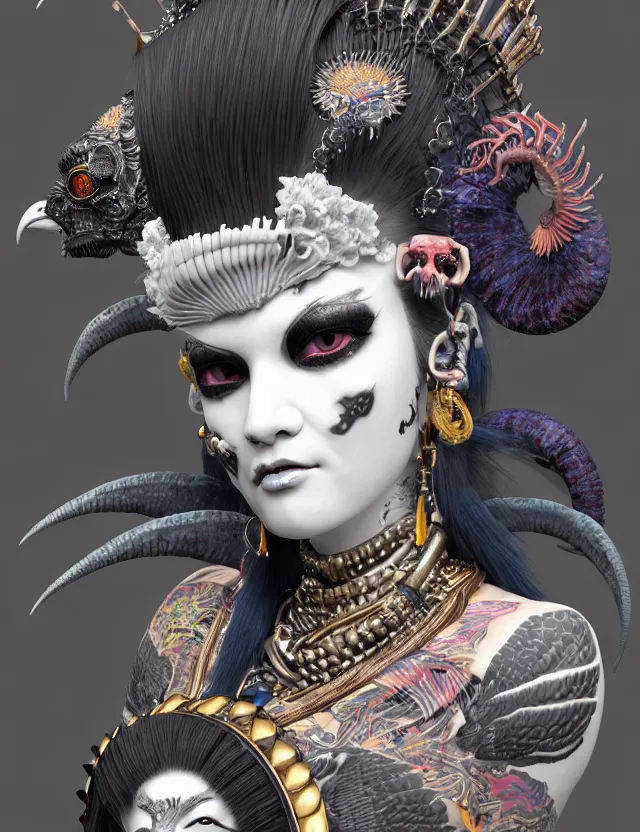 Image similar to 3 d goddess close - up profile portrait punk with mohawk in victorian style with ram skull. beautiful intricately detailed japanese crow kitsune mask and clasical japanese kimono. betta fish, jellyfish phoenix, bio luminescent, plasma, ice, water, wind, creature, artwork by tooth wu and wlop and beeple and greg rutkowski