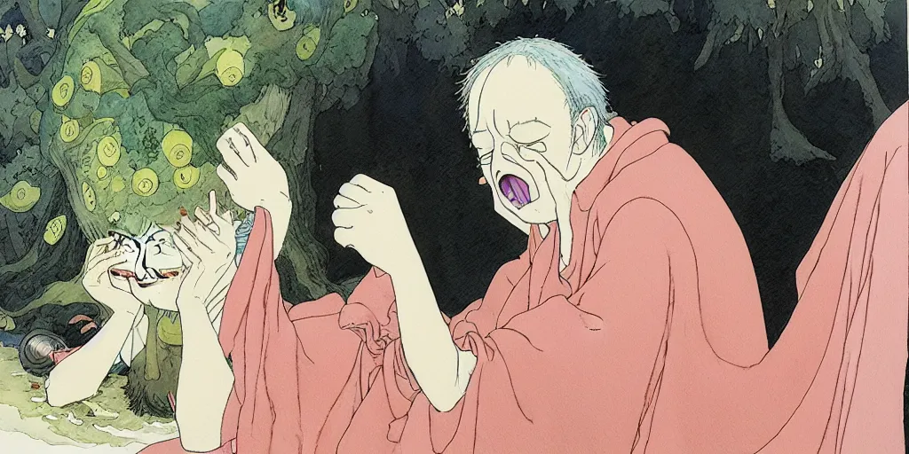 Image similar to a hyperrealist studio ghibli watercolor fantasy concept art of todd solondz crying. by rebecca guay, michael kaluta, charles vess