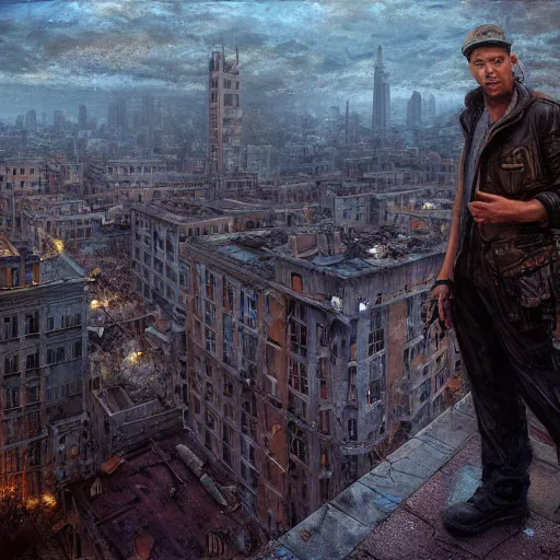 Prompt: an male survivor standing on a rooftop of an abandoned city, dark, atmospheric, detailed, centered, digital painting, artstation, concept art, donato giancola, Joseph Christian Leyendecker, WLOP, Boris Vallejo, Breathtaking, 8k resolution, extremely detailed, beautiful, establishing shot, artistic, hyperrealistic, octane render