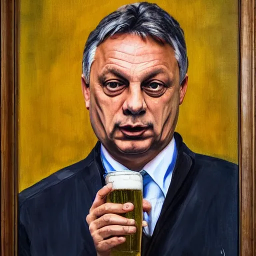 Prompt: viktor orban with a beer, anatomically correct, oil painting, highly detailed