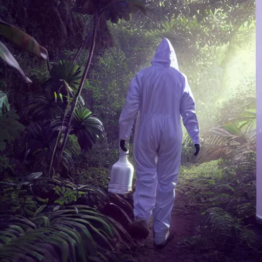 Image similar to a man wearing a hazmat suit, walking through a lush jungle, realistic octane render, ray traced, god rays, extremely high detail