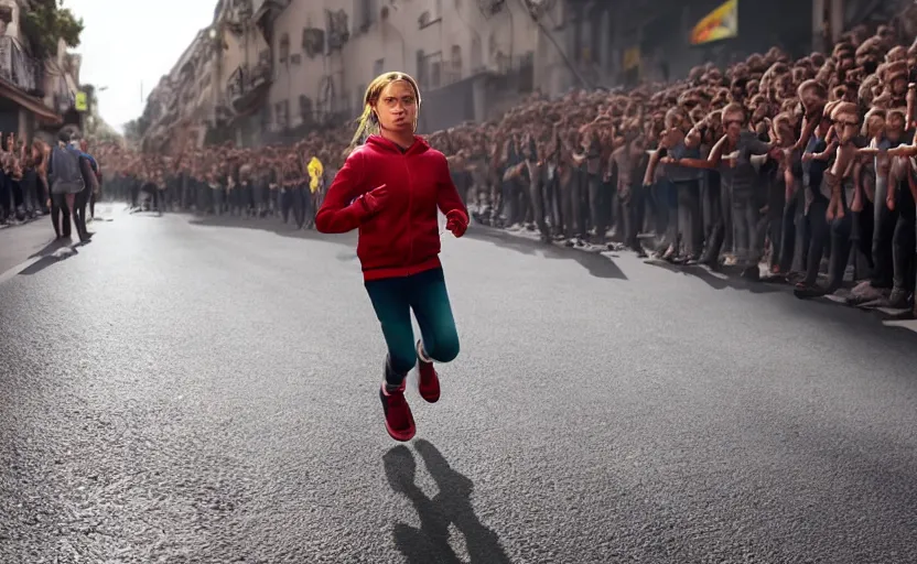 Prompt: greta thunberg running in san fermines, high details, cinematic, 8 k resolution, beautiful detailed, artstation trending, octane render, unreal engine