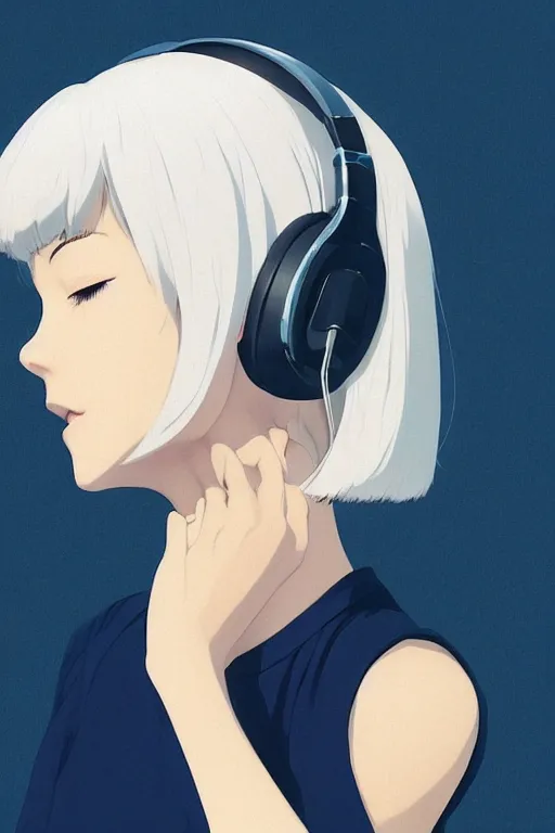 Prompt: a cute young woman listening to music with her eyes closed and wearing headphones by Ilya Kuvshinov and Range Murata, white bob cut hair, blue filter, blue and white, soft lighting, atmospheric, cinematic atmosphere, moody, Krenz Cushart, digital painting, 8k