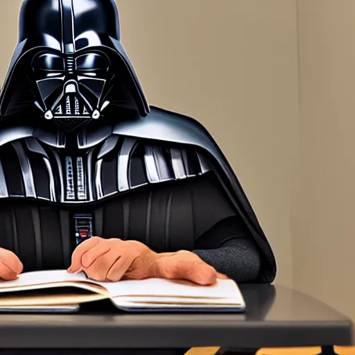 Prompt: Darth Vader studying at school, photo realistic, award-winning, highly-detailed