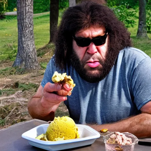 Image similar to photo of a neanderthal caveman eating ice cream