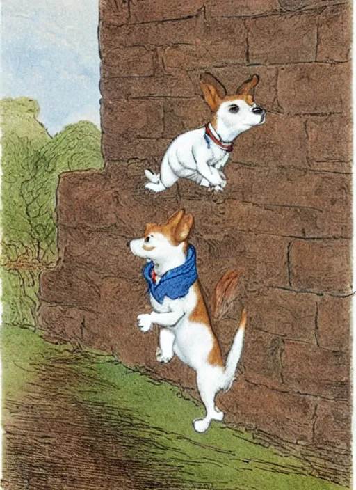 Image similar to jack russel terrier jumping off of brick structure, illustrated by peggy fortnum and beatrix potter and sir john tenniel