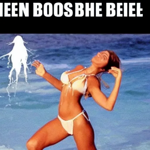 Image similar to meme of a female ghost in bikini, text