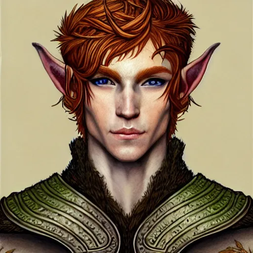 Image similar to portrait painting of an elven young man with short ginger hair and tree tattoos on his cheeks wearing fur armor, sharp focus, award - winning, trending on artstation, masterpiece, highly detailed, intricate. art by rebecca guay