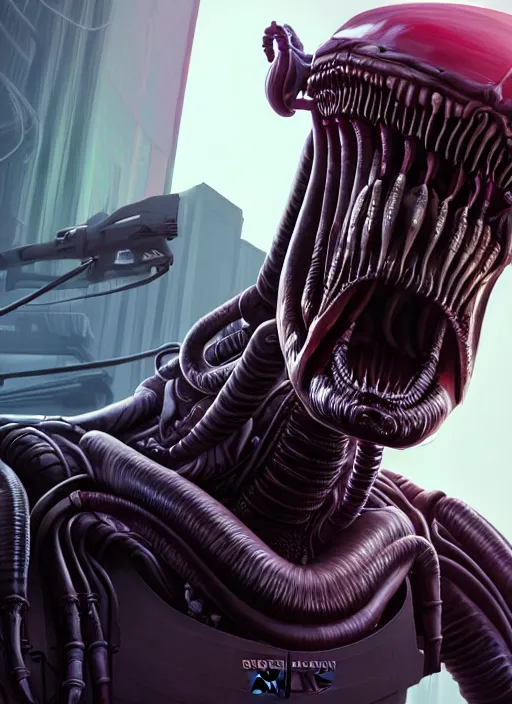 Image similar to highly detailed portrait of xenomorph in gta v, stephen bliss, unreal engine, greg rutkowski, loish, rhads, beeple, makoto shinkai and lois van baarle, ilya kuvshinov, rossdraws, tom bagshaw, alphonse mucha, global illumination, god rays, detailed and intricate environment