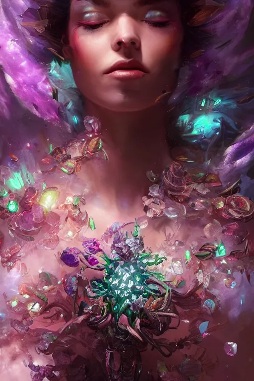 Prompt: torso closeup model wearing exploding flower crystal dress, sorcerer, diamonds, angel, fantasy, dramatic lighting, highly detailed, digital painting, holding electricity, magic the gathering, hyper detailed, 3 d render, hyper realistic detailed portrait, peter mohrbacher, wlop, ruan jia
