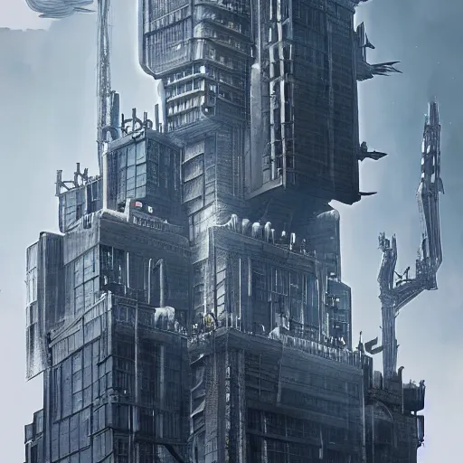 Prompt: shinra building from final fantasy!! super detailed!! by artist gleb alexandrov, trending on artstation