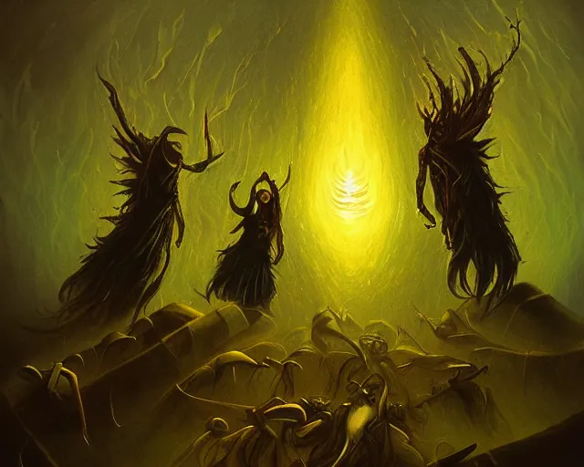 Prompt: A painting of a summoning ritual by Anato Finnstark, creepy, demons, satanic