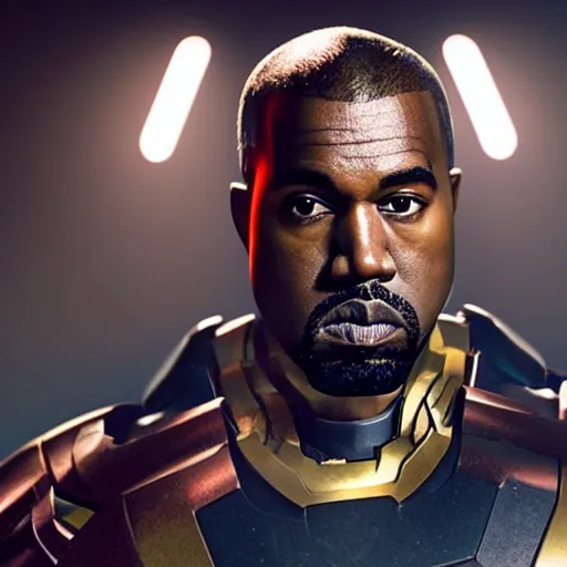 Image similar to Portrait of Kanye West as Ironman, splash art, movie still, cinematic lighting, dramatic, octane render, long lens, shallow depth of field, bokeh, anamorphic lens flare, 8k, hyper detailed, 35mm film grain