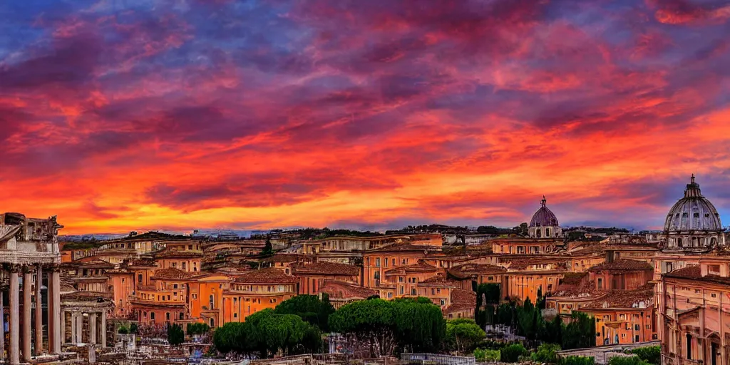 Prompt: sunset on rome, tetrachromacy, realistic photo, landscape