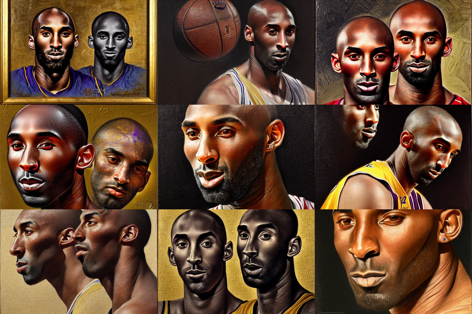 Image similar to portrait of kobe bryant with detailed, textured skin and piercing eyes, by nikolay makovsky