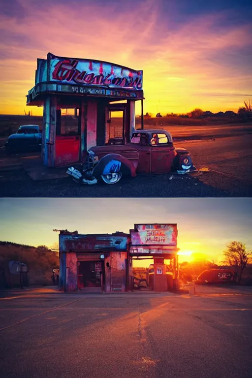 Image similar to a sunset light landscape with historical route 6 6, lots of sparkling details and sun ray ’ s, blinding backlight, smoke, volumetric lighting, colorful, octane, 3 5 mm, abandoned gas station, old rusty pickup - truck, beautiful epic colored reflections, very colorful heavenly, softlight