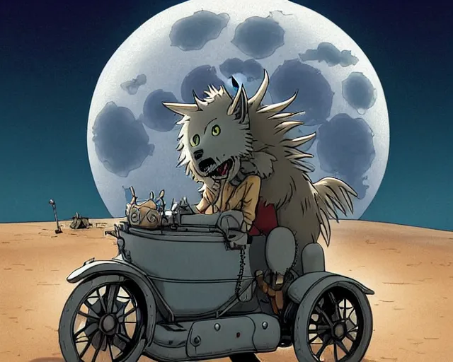 Image similar to a cell shaded cartoon grey lovecraftian mechanized wolf from howl's moving castle ( 2 0 0 4 ), with a big head, on a desert road, wide shot, in front of a big moon, muted colors, post grunge, josan gonzales, wlop, by james jean, victor ngai, hq, deviantart, art by artgem