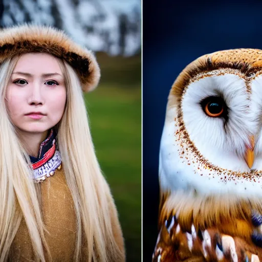 Image similar to portrait photograph shot on petzval lens of an extremely beautiful!!!! young blonde female with symmetric face posing. with a very detailed barn owl!!!!! on her shoulder. wearing mongolian traditional outfit in iceland. shallow depth of field. featured on flickr, art photography,