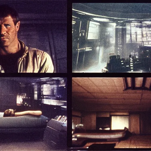 Image similar to 1 9 8 2 film stills of blade runner's deckard on his computer, upscaling a photo. his futuristic room is dark and atmospheric, touches of frank lloyd wright and syd mead,.