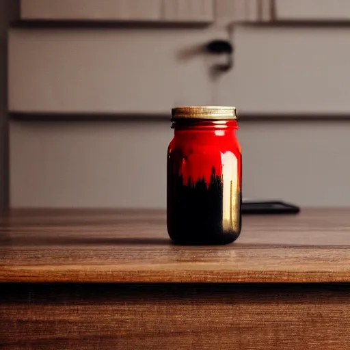 Prompt: obsidian black and gold, with red drapes inside of a glass mason jar, on a wooden desk, tilt shift