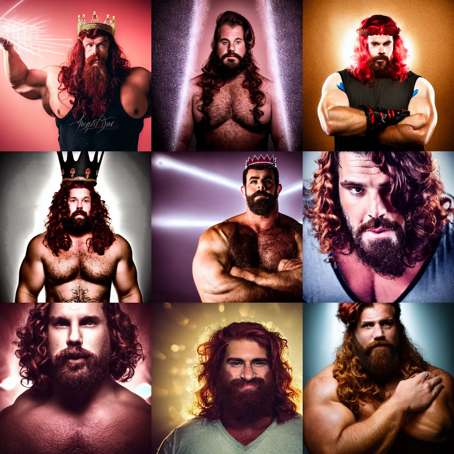 Prompt: portrait of a burly muscular man with dark - red curling hair man with a crown, photography, epic, light beams