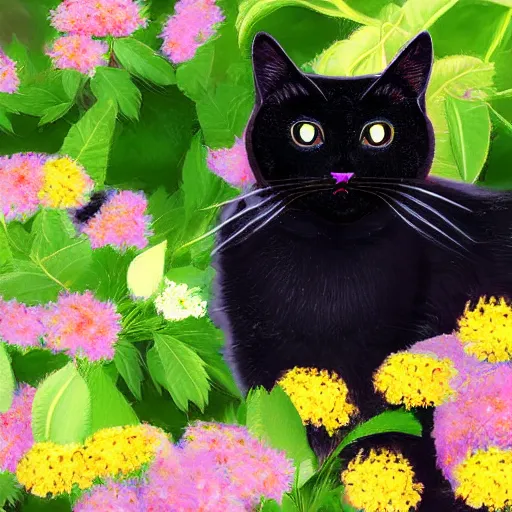 Prompt: a fat black cat with white whiskers sitting in a flower bed digital art