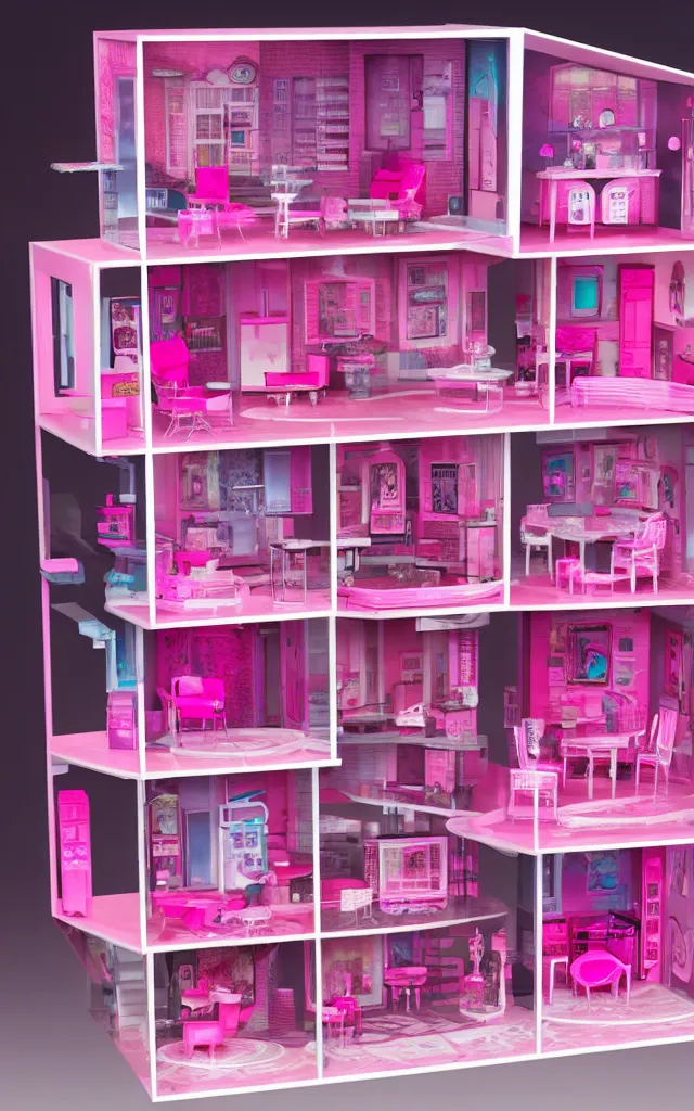 Prompt: a cute pink cyberpunk doll house, barbie house by mattel, octane rendered, led lighting, 4 k