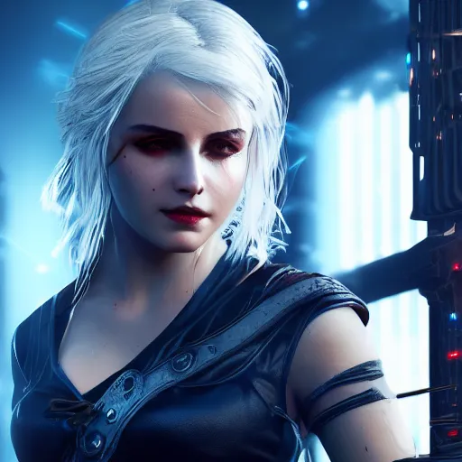 Image similar to Ciri with cybernetic modifications portrait in night city, 8k ultra realistic, award winning, unreal engine 5, masterpiece