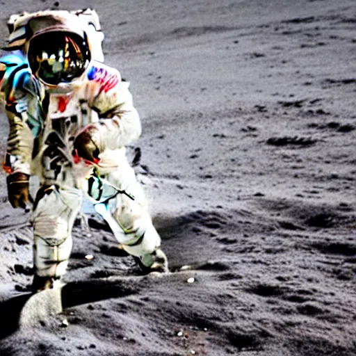 Image similar to human taking a dog for a walk on the moon