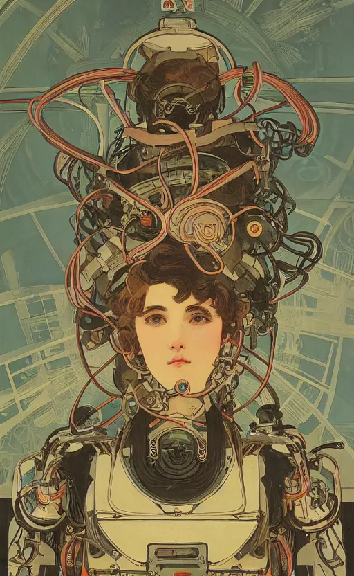 Image similar to upper half portrait of army mecha robot - wires and vines as poster design borders, art by alphonse mucha & utagawa kunisada, highly detailed, digital painting, concept art, illustration, smooth sharp focus, intricate, symmetry, artstation, colourful,