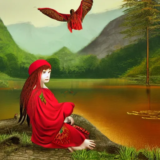 Image similar to Young Harpy-Girl, red feathered wings, wearing Inka clothes, sad expression, sitting at a pond, mountainous area, trees in the background, digital art