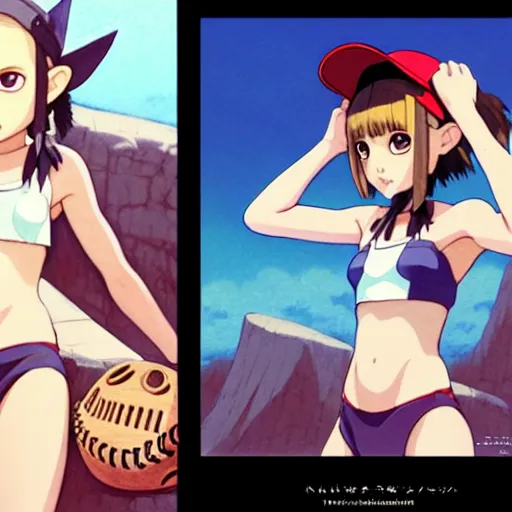 Image similar to beautiful boyish natalie portman gravure model in majora's mask, wearing wooden mask and baseball cap and leotard, street wear with subtle mayan patterns, aztec bathing suit, gapmoe yandere grimdark, trending on pixiv fanbox, painted by greg rutkowski makoto shinkai takashi takeuchi studio ghibli, akihiko yoshida