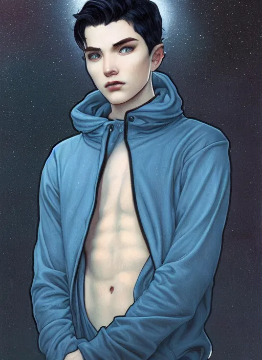 Prompt: handsome young man with short black hair, glowing light blue eyes, pale skin, crouching on the roof of a house, in a neighbourhood, at night, wearing jeans and a black hoodie, realistic painting by ross tran and gerald brom and alphonse mucha, trending on artstation