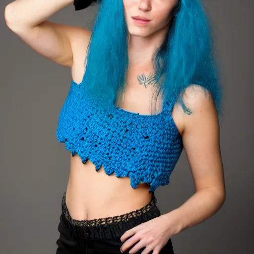 Image similar to A photo of a caucasian female model with blue hair wearing a crocheted croptop.