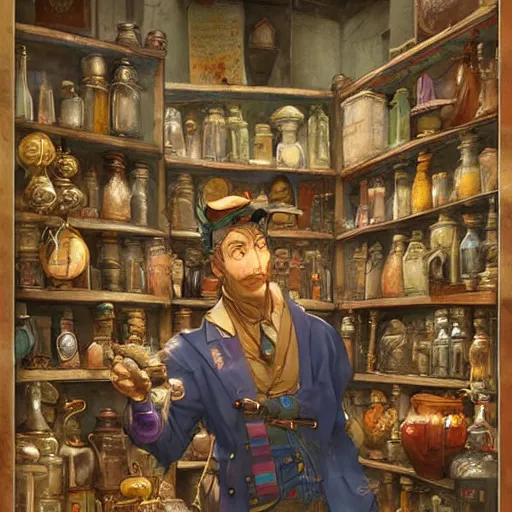 Image similar to Anthropomorphized parrot trader in his shop, art by Akihiko Yoshida and Greg Rutkowski, shelves full, selling a gem, portrait, items, magic potions, weapons, arcana, carpet, window, fancy funny hat, sly expression , cunning expression, cute expression, presenting magic gem, D&D, fantasy, cinematic lighting, highly detailed, digital painting, artstation, concept art, smooth, sharp focus, illustration, warm light, cozy warm tint, magic the gathering artwork, volumetric lighting, 8k, no gold, no gold colours