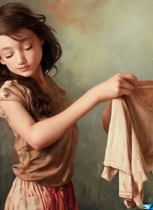 Image similar to a beautiful detailed photo of a girl paining her clothes on with oil paint, realistic, f 8, 4 k hd wallpaper