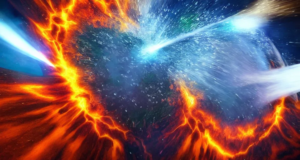 Image similar to plant of water crashing into a planet of fire, bright explosion