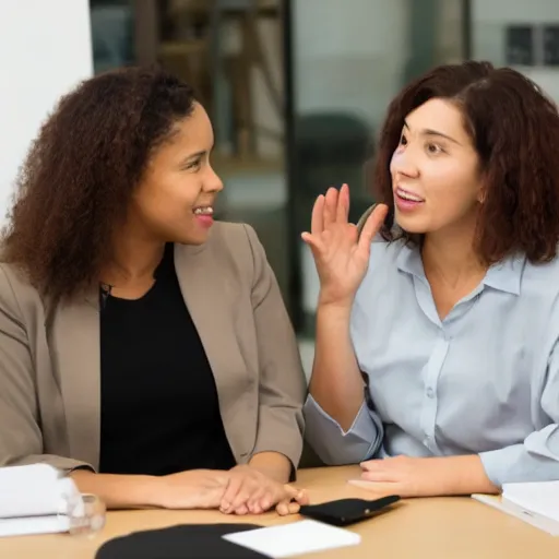 Image similar to two women talking in an office