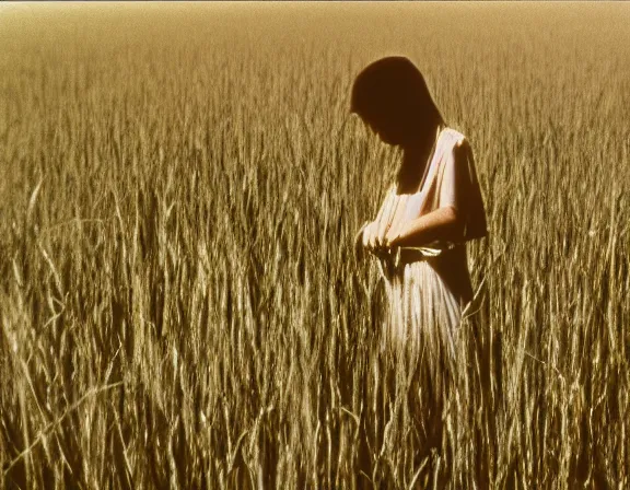 Prompt: long grass field with figure film still 1 9 9 2, intricate, detailed, sharp focus, high contrast, film grain