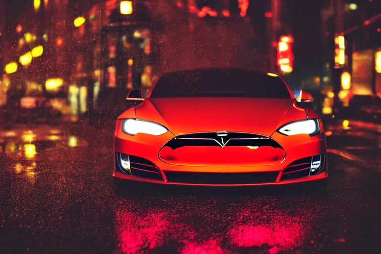 Prompt: A Tesla model S on rainy Tokyo streets, night Time, bokeh, 4k, 8k, trending on ArtStation